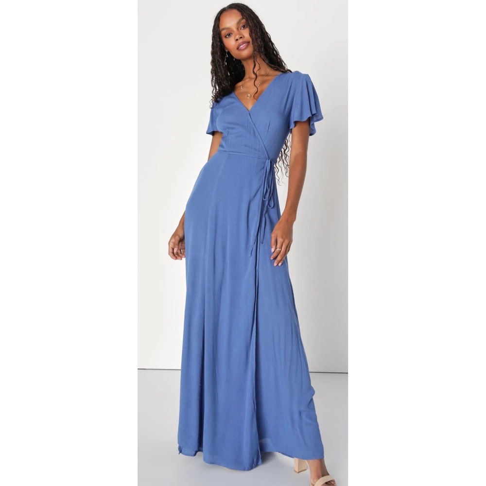 Nwt Lulus Heart of Marigold Maxi Wrap Dress in Denim Blue Size Small